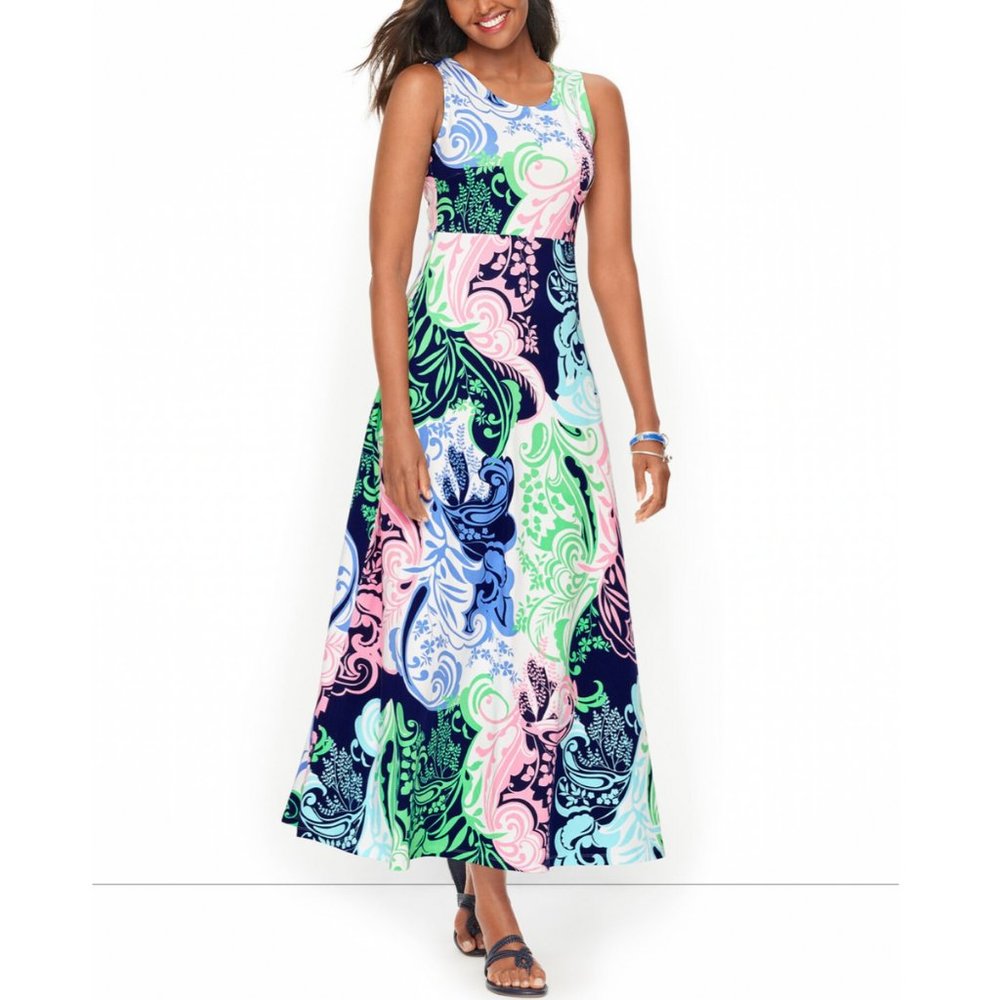 TALBOTS MULTICOLOR SLEEVELESS PAISLEY PRINT TWIST BACK MAXI DRESS